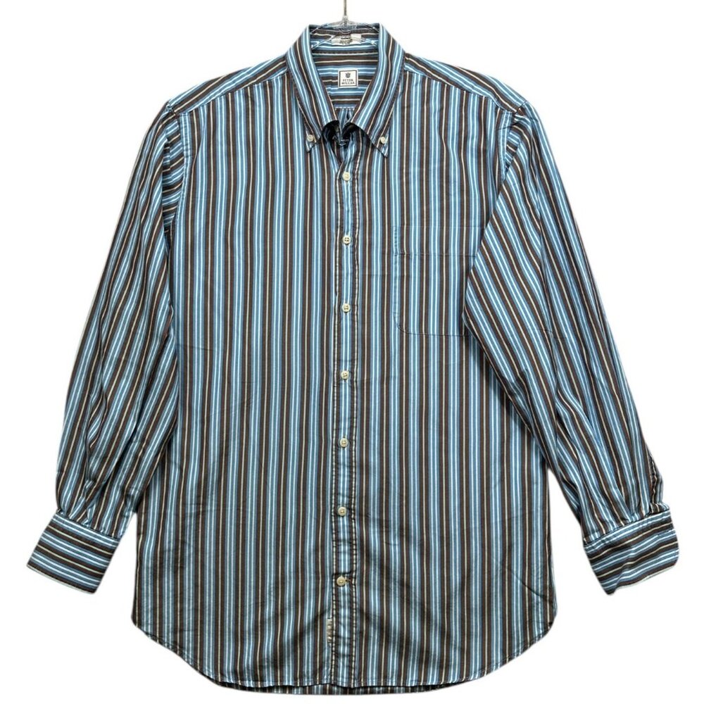 Peter Millar Mens Medium Striped Button-Down Shirt Brown & Blue Collar